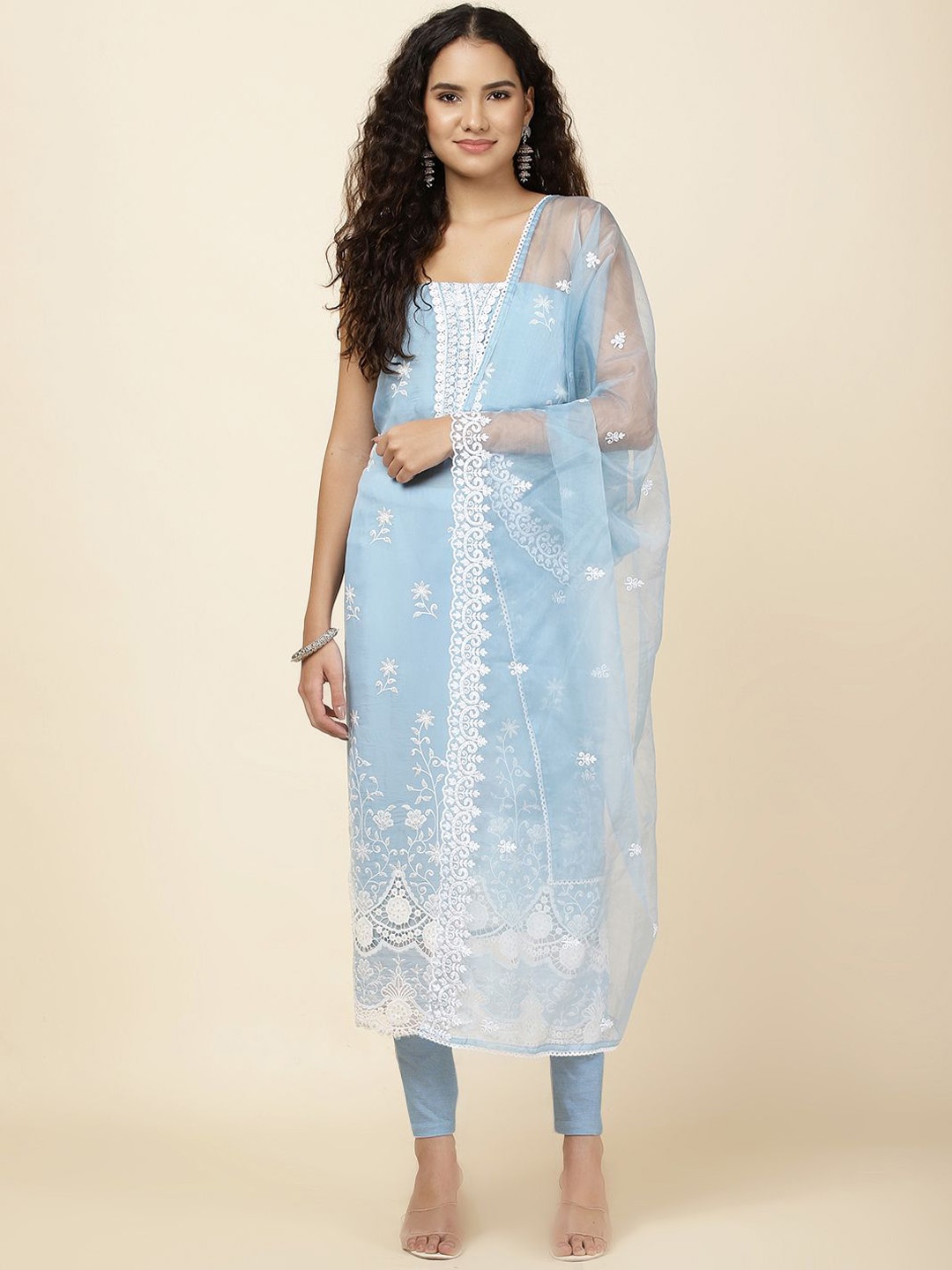 

Meena Bazaar Striped Embroidered Sequinned Unstitched Dress Material, Blue