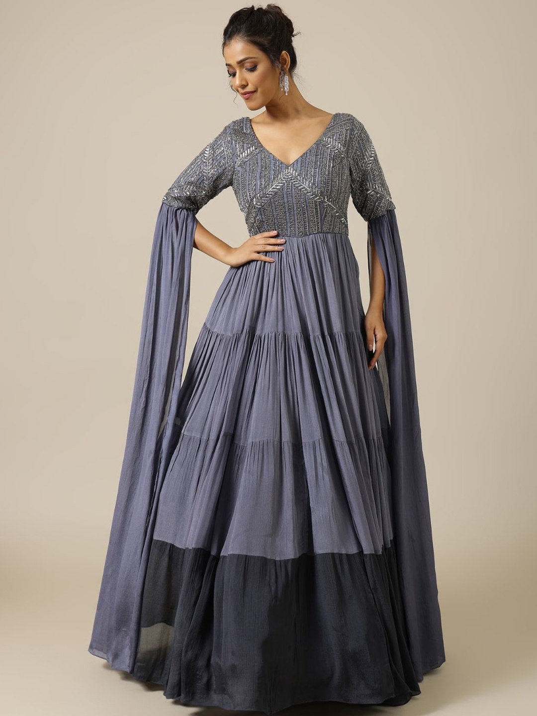 

Shreeka Embroidered Cape Sleeves Tiered Fit & Flared Maxi Ethnic Dress, Grey