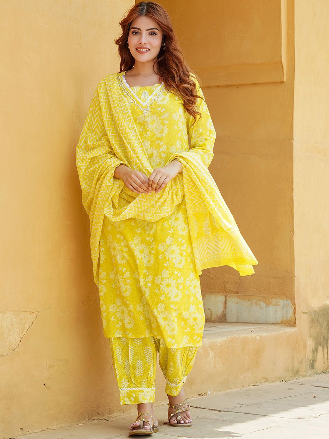 

KALINI Floral Printed V-Neck Pure Cotton Straight Kurta With Salwar & Dupatta, Yellow