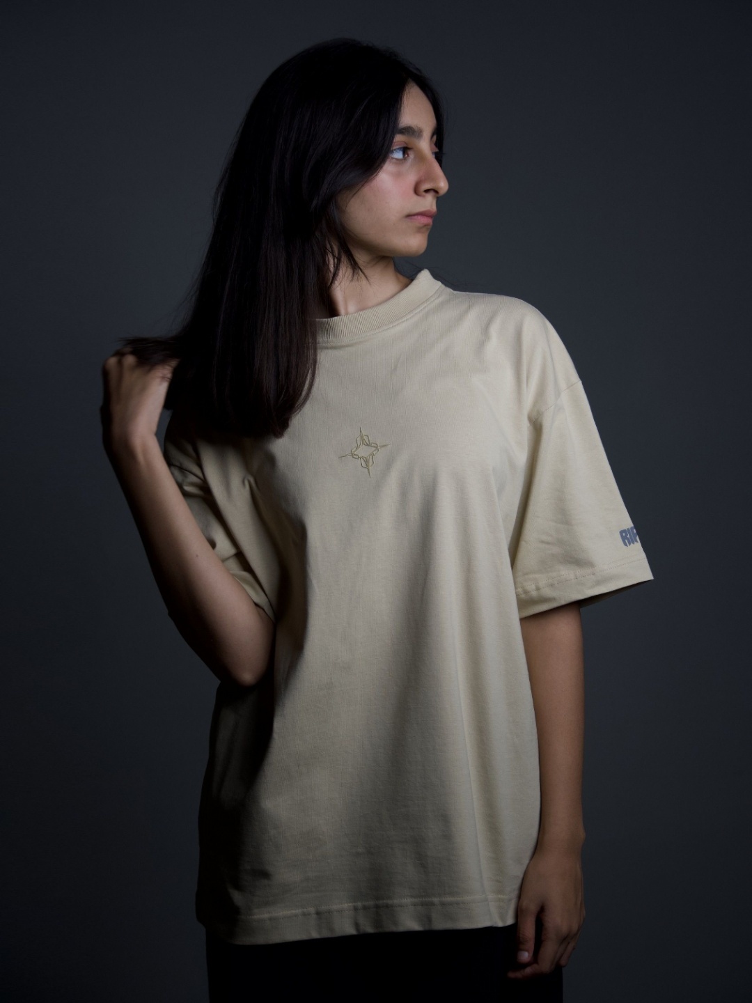 

RIPOFF Unisex High Neck Extended Sleeves Pure Cotton Applique T-shirt, Beige