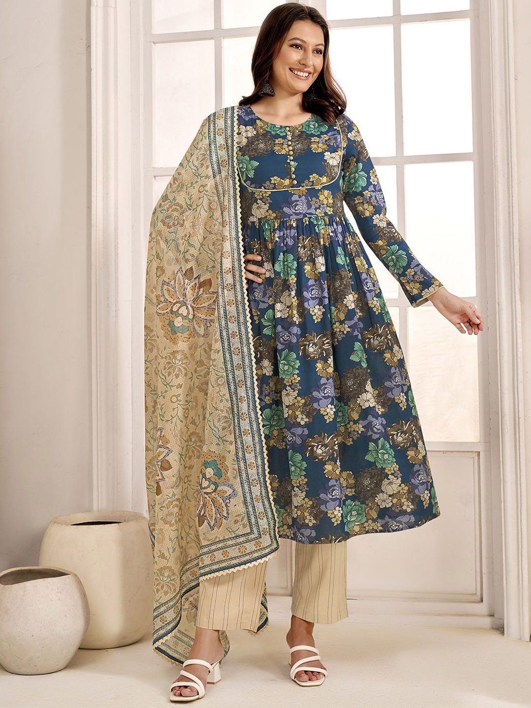 

Anouk Blue Floral Printed Pleated Pure Cotton Anarkali Kurta With Palazzo & Dupatta