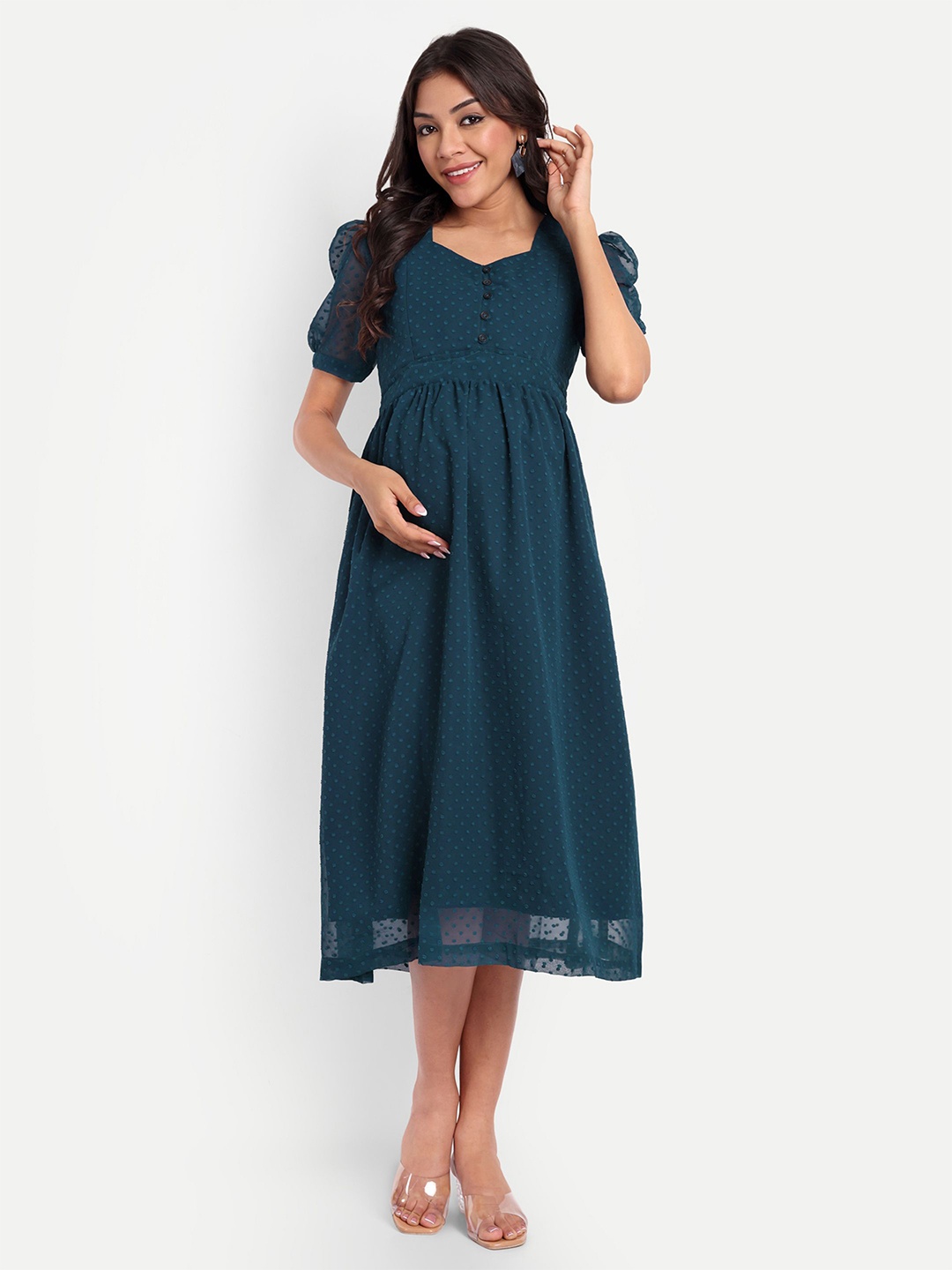 

THOTTIL Women Self Design Empire Maternity Midi Dress, Blue