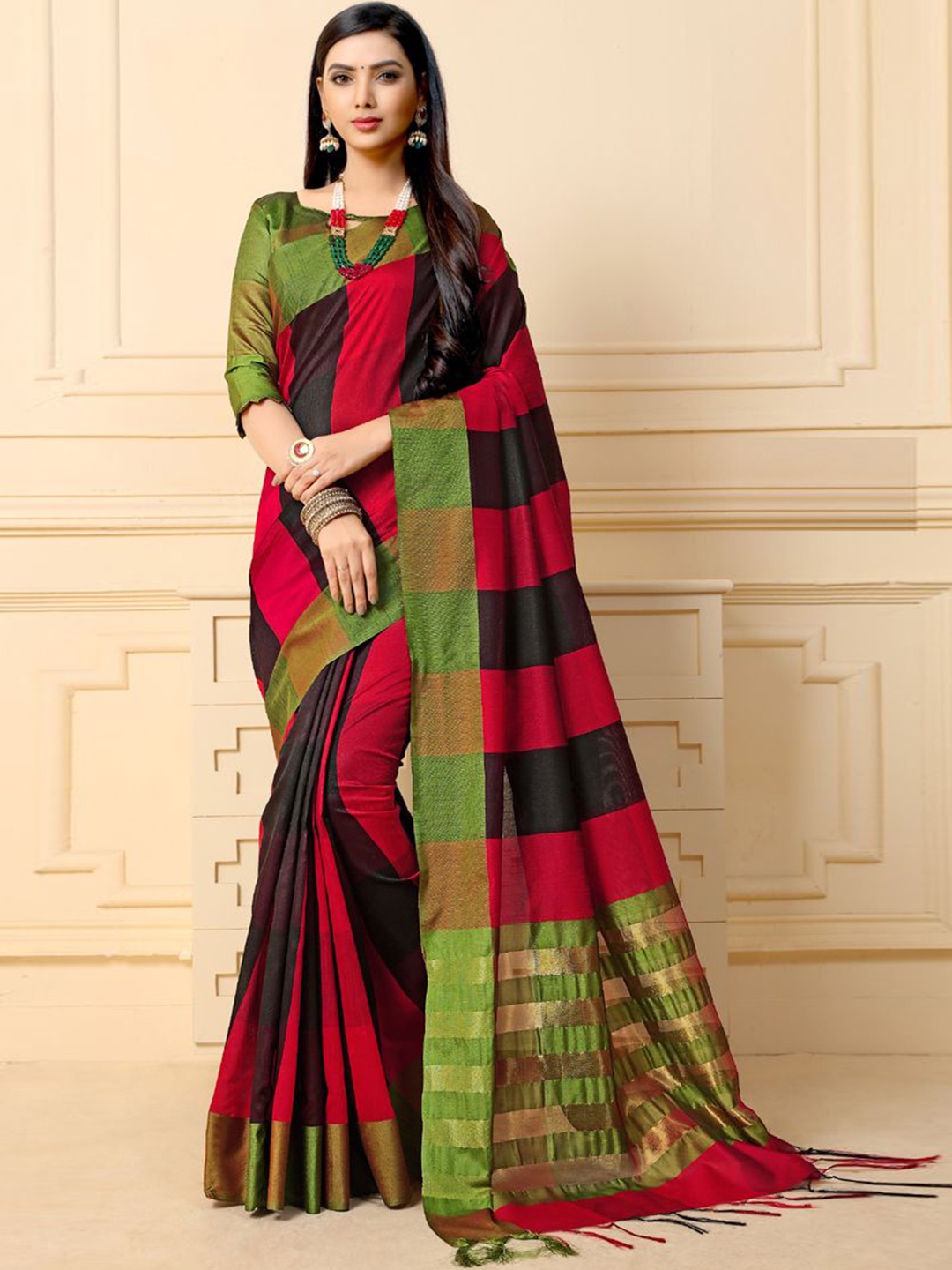 

ASISA Striped Zari Silk Cotton Saree, Green