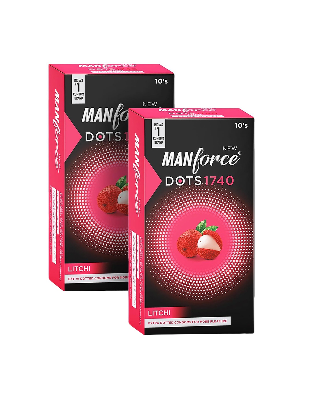 

Manforce Men Set Of 2 Litchi Flavoured Extra Dotted Condoms - 10 Pcs Each, Black