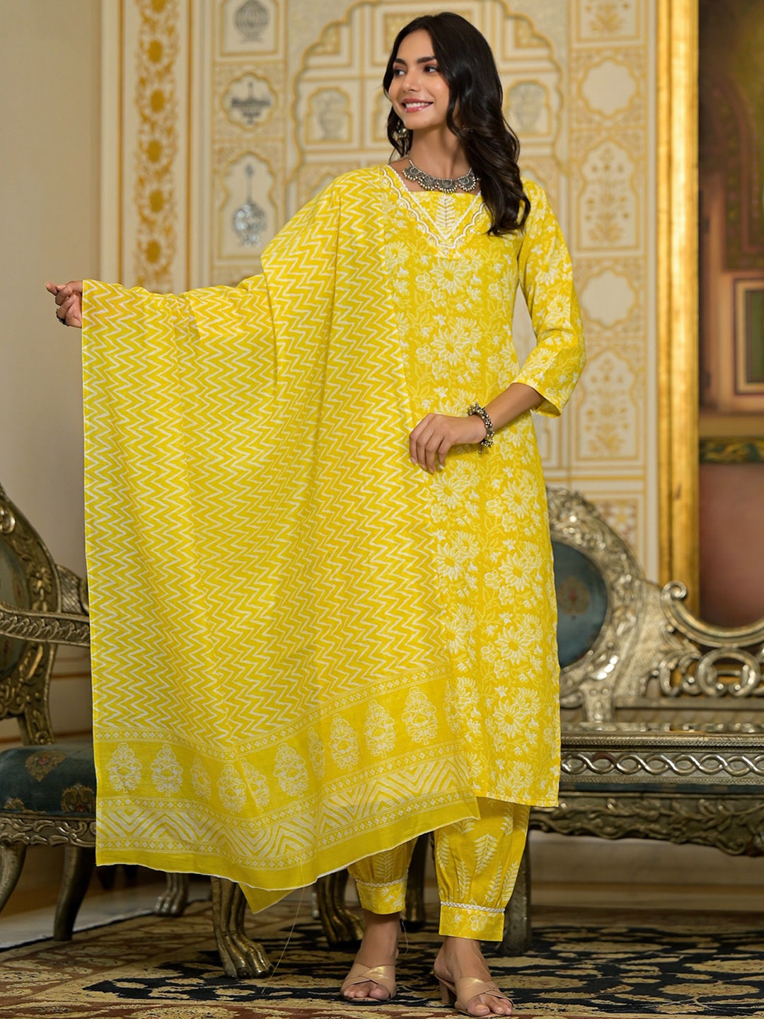 

KALINI Floral Printed Straight Kurta with Salwar & Dupatta, Yellow