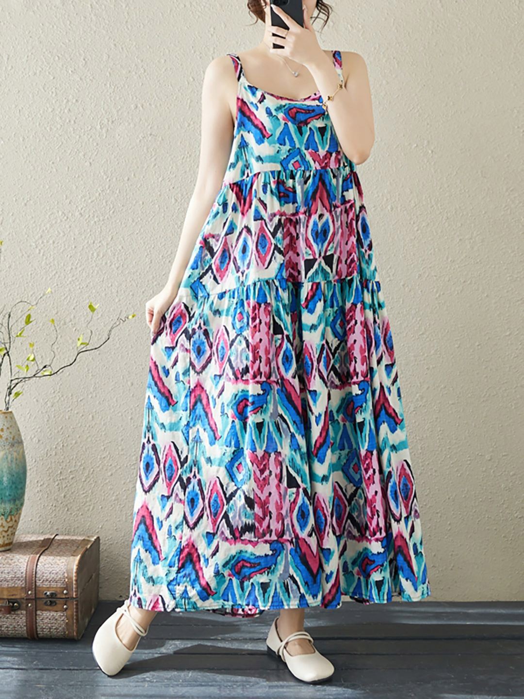 

JC Mode Bohemian Printed Tiered A-Line Maxi Dress, Blue