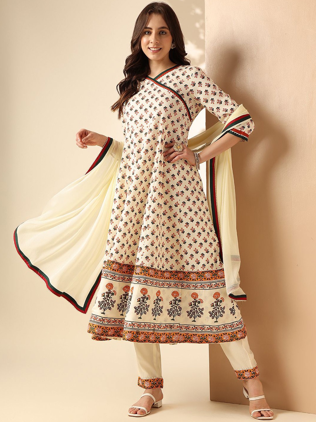 

Anouk Off White Floral Printed Angrakha Anarkali Kurta With Trouser & Dupatta