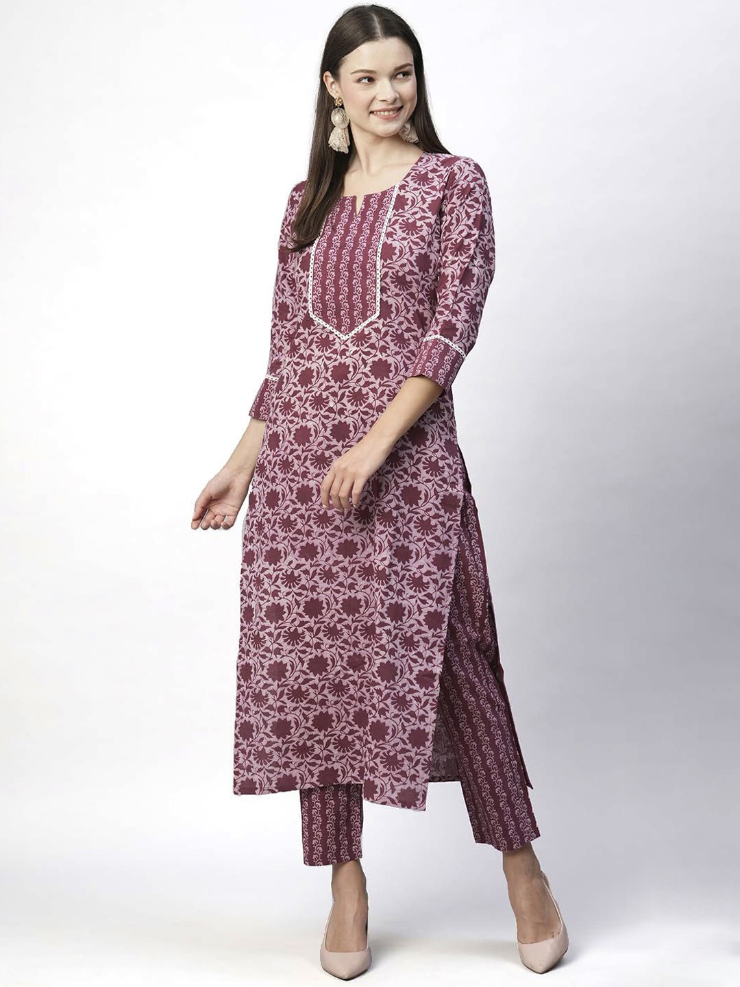 

KALINI Floral Printed Notch Neck Straight Kurta With Trousers, Maroon