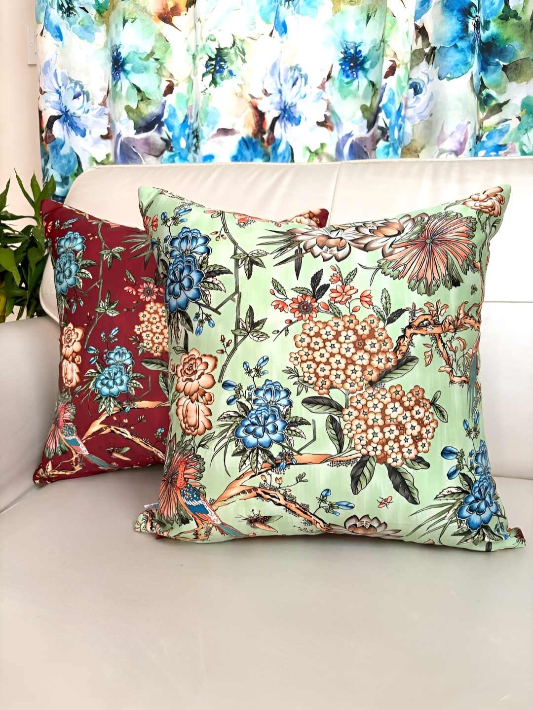 

TARA- Sparkling Homes Red & Green Set of 2 Floral Satin Square Cushion Covers