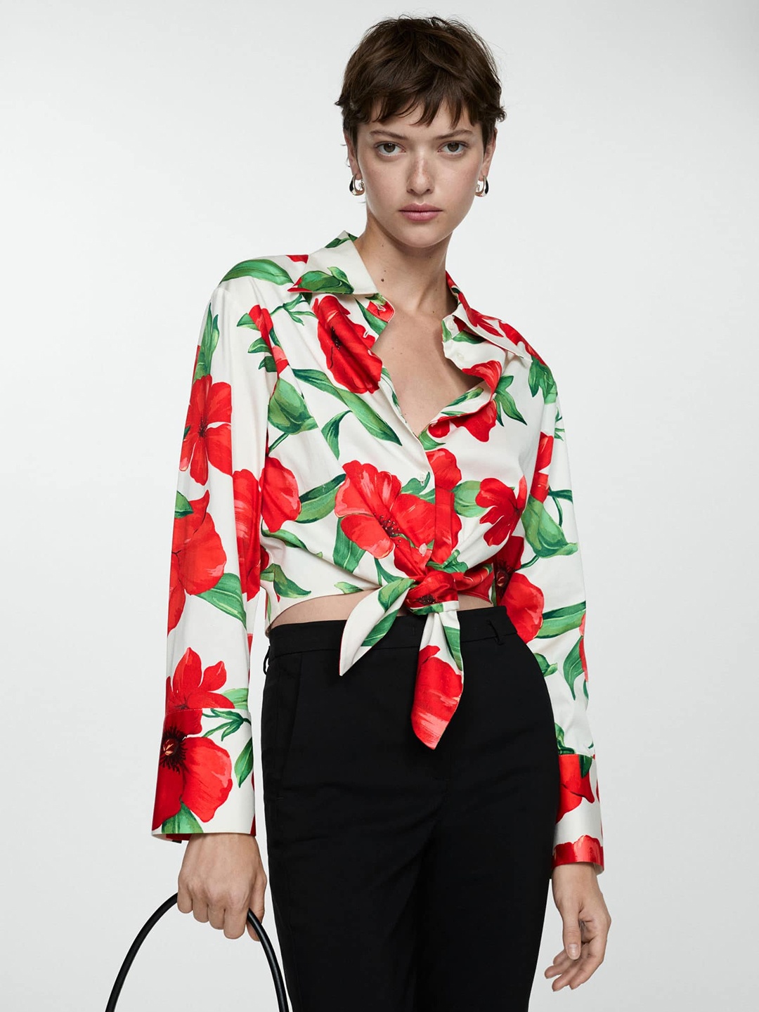 

MANGO Floral Print Tie-Up Detail Shirt, White