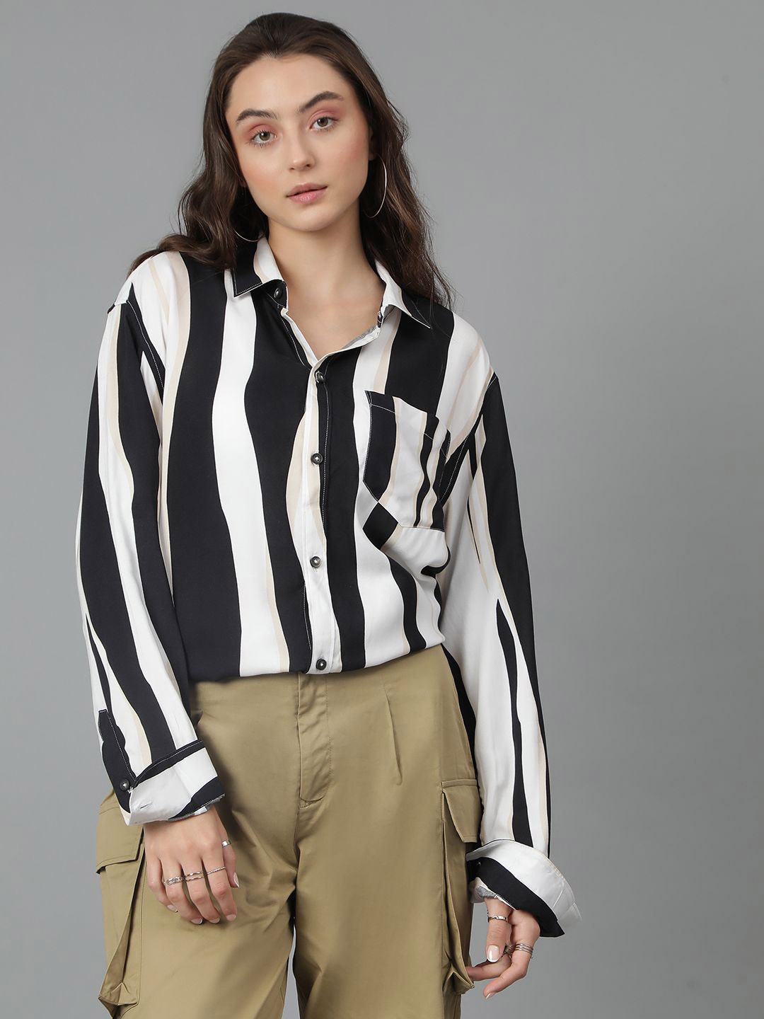 

Kotty Women Spread Collar Striped Cotton Oversized Casual Shirt, White