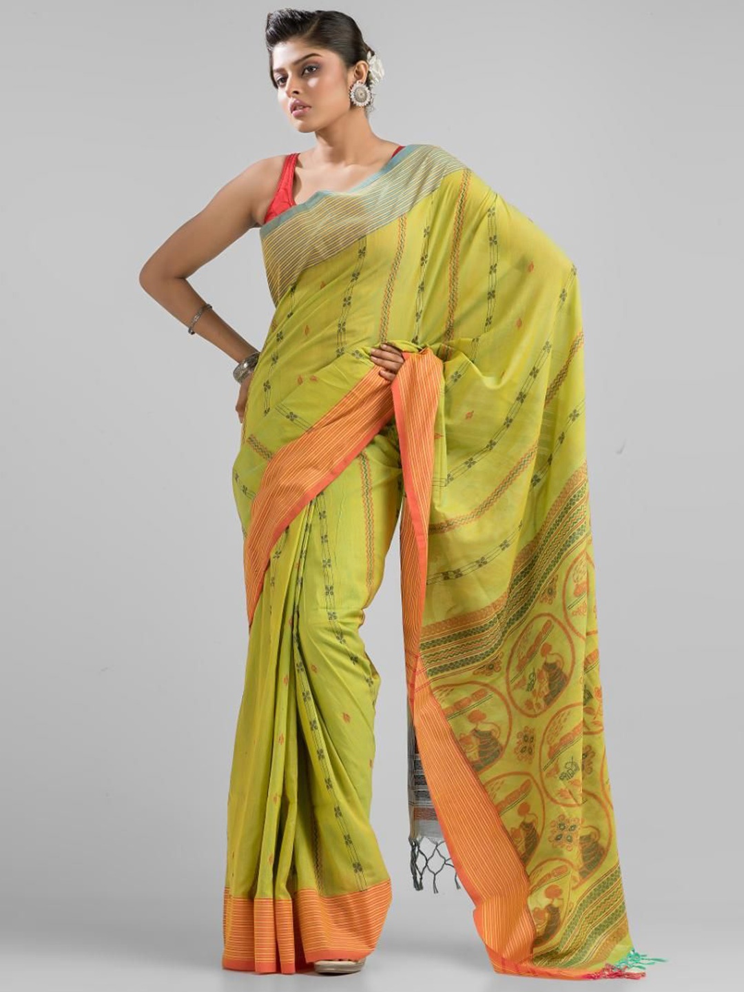 

SAJASAJO Ethnic Motifs Pure Cotton Saree, Green