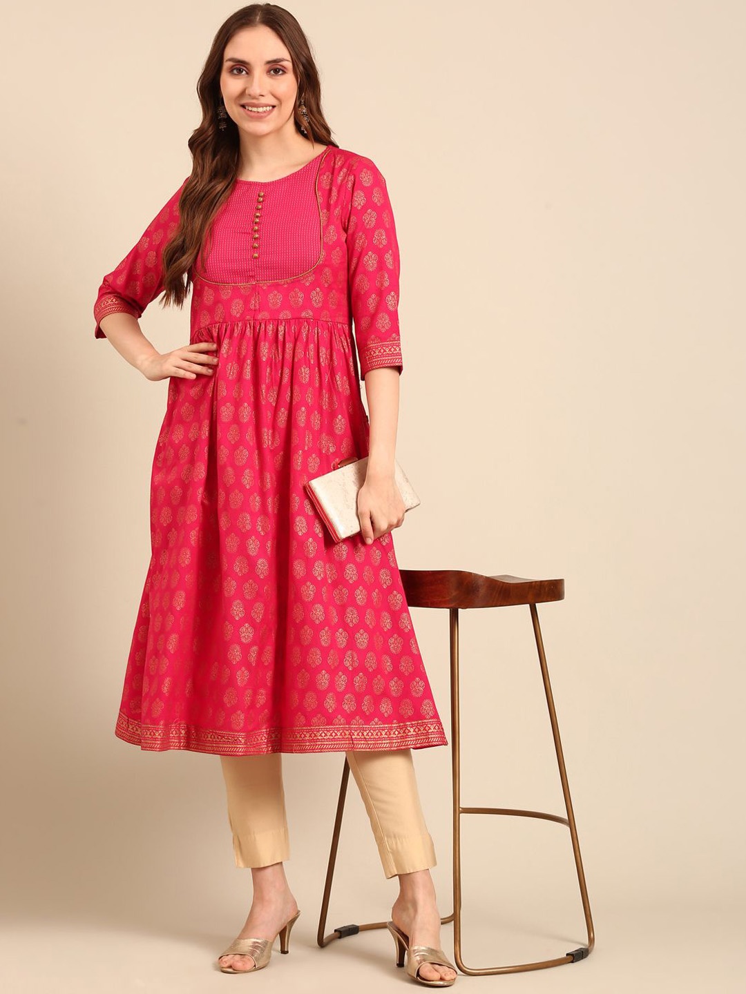 

Anouk Fuchsia Ethnic Motifs Printed Pure Cotton Anarkali Kurta