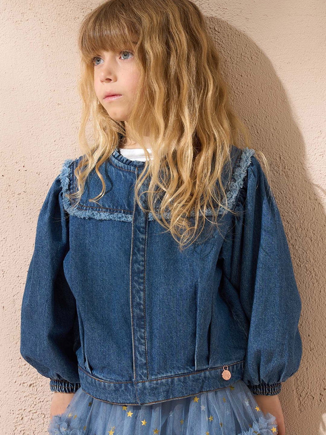 

Angel & Rocket Girls Washed Windcheater Crop Denim Jacket with Embroidered, Blue