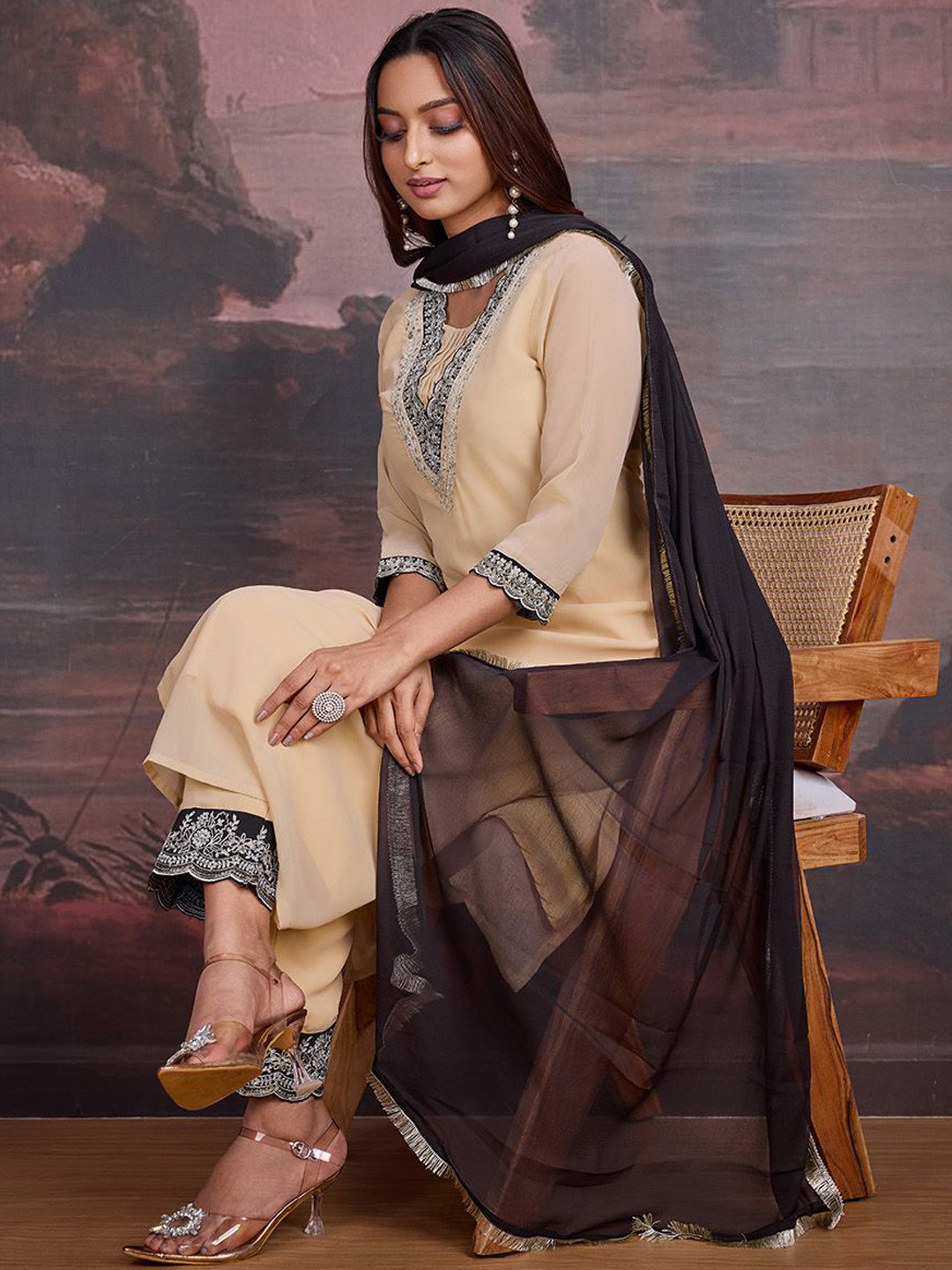 

House of Pataudi Embroidered Sequinned Kurta with Trousers & Dupatta, Beige