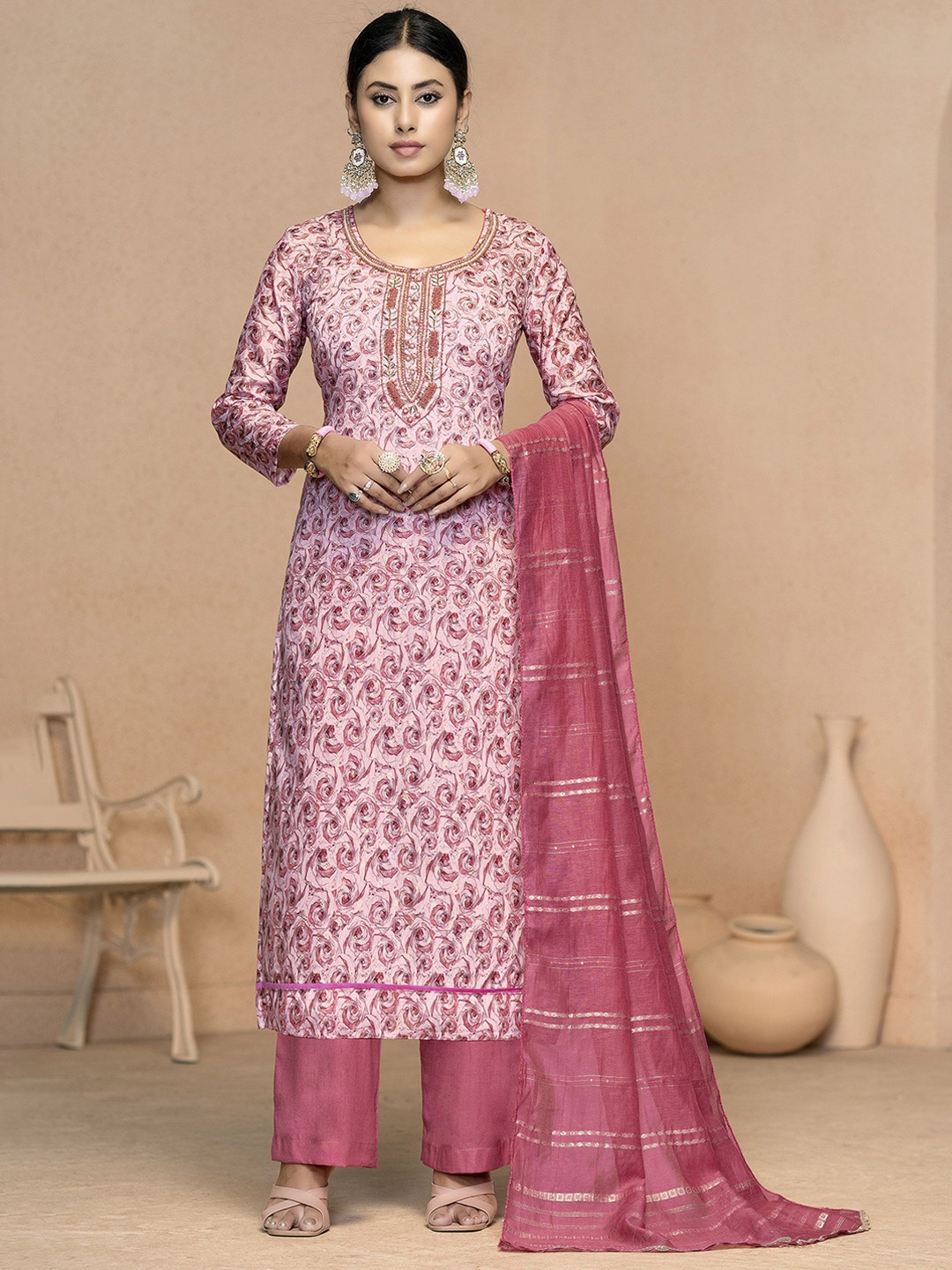 

MANVAA Floral Beads and Stones Embellished Unstitched Dress Material, Pink