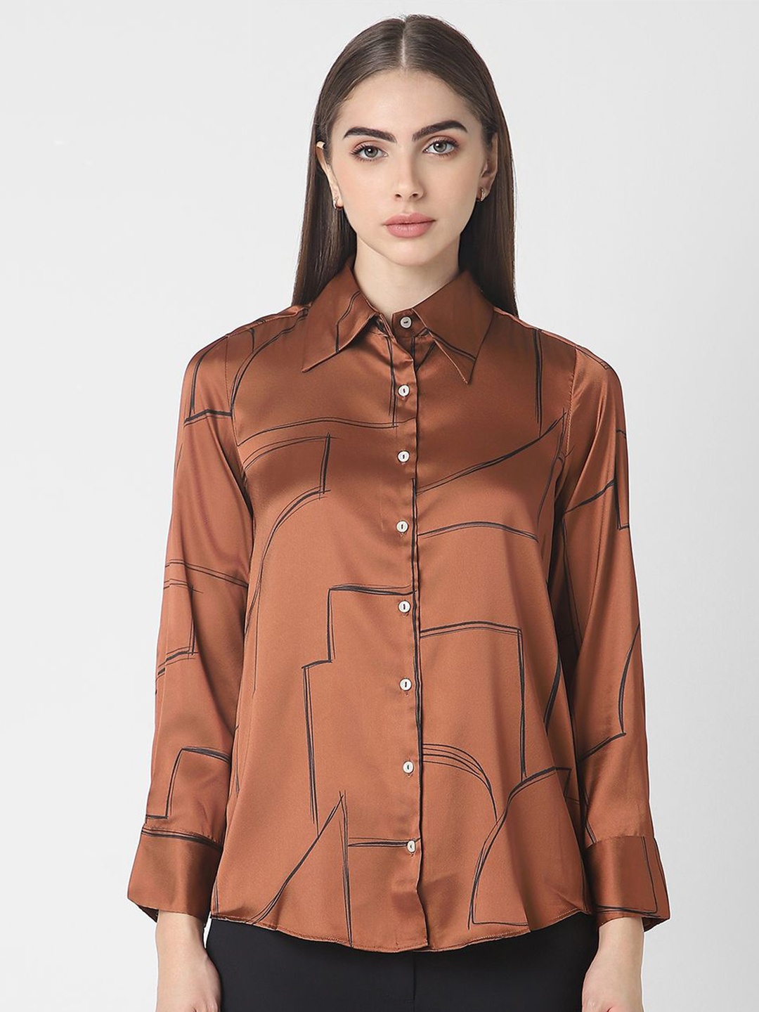 

Van Heusen Woman Spread Collar Abstract Printed Formal Shirt, Brown