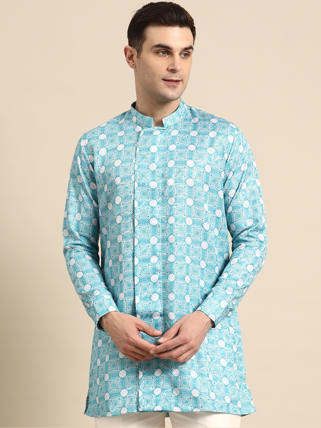 

Sayisha Quirky Printed Mandarin Collar Cotton Angrakha Straight Kurta, Blue