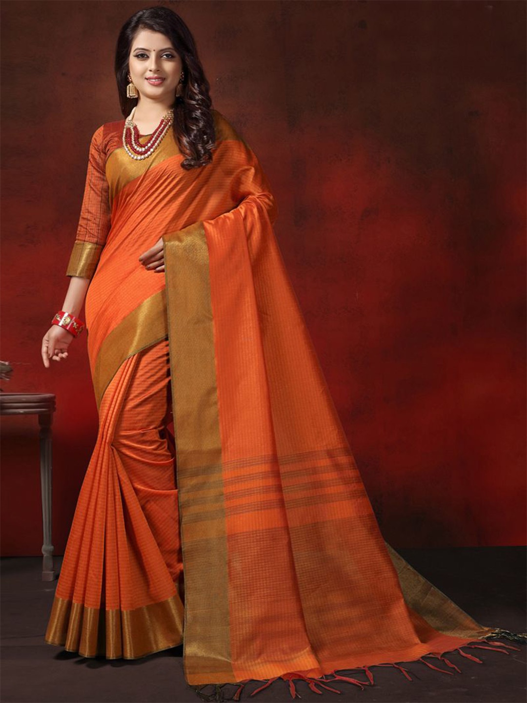 

ASISA Woven Design Zari Silk Cotton Saree, Orange