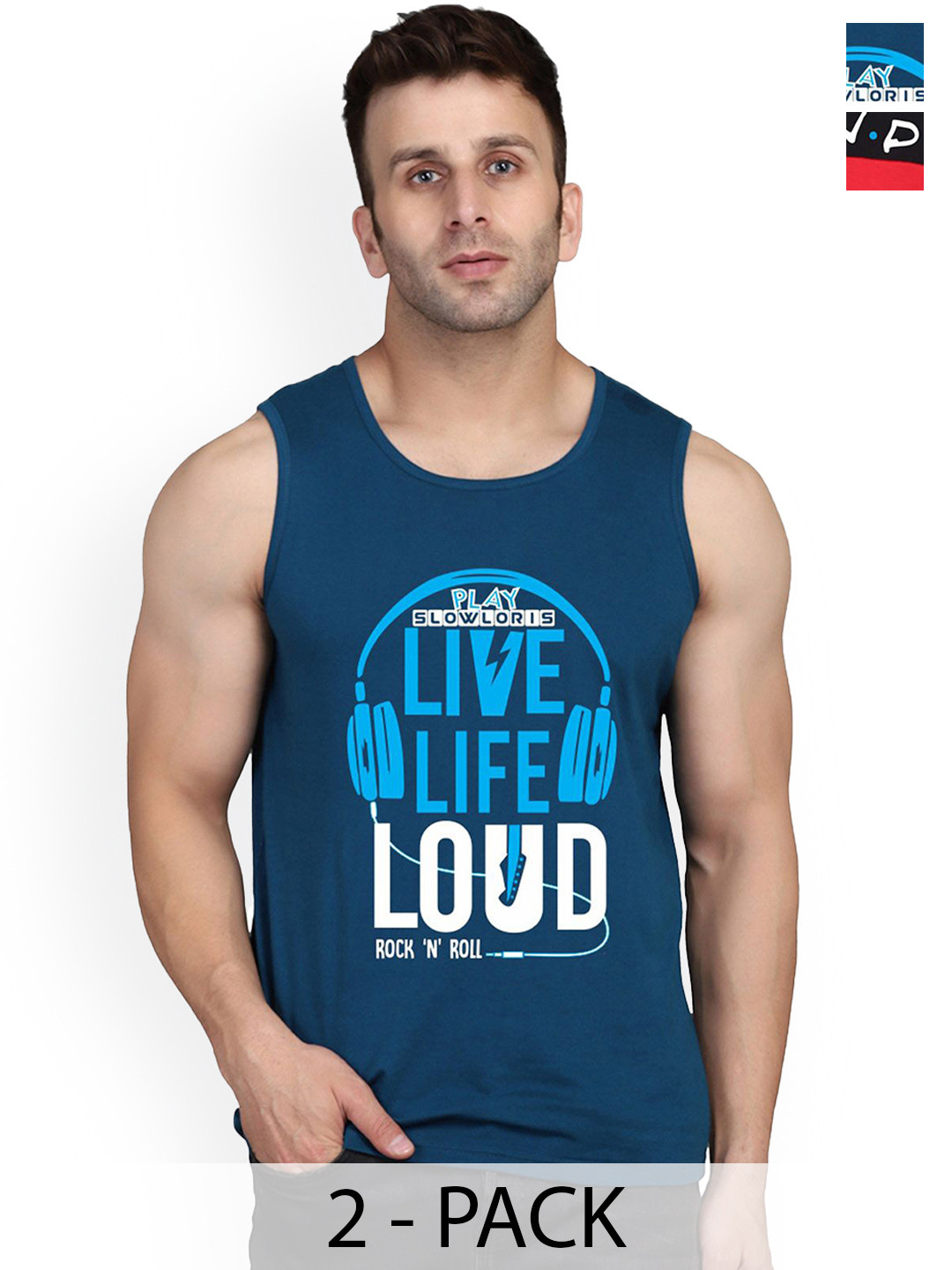 

SLOWLORIS Men Pack Of 2 Printed Gym Vests, Teal