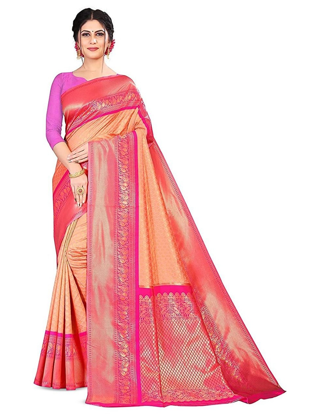 

revika Woven Design Zari Pure Silk Kanjeevaram Saree, Peach