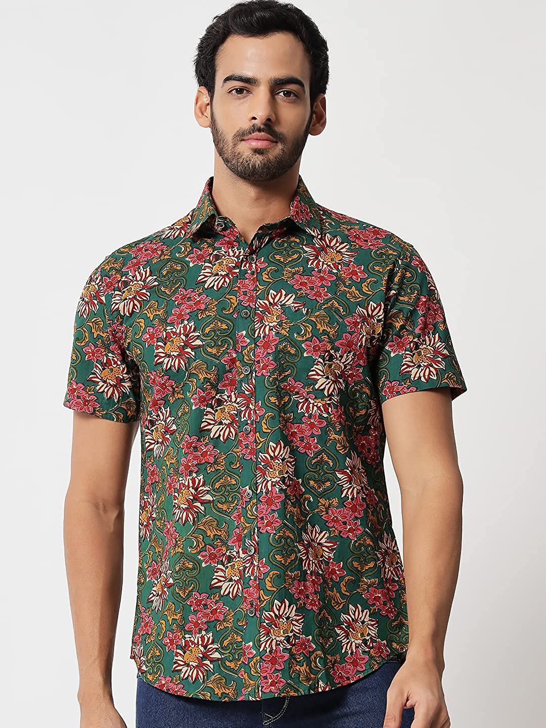 

SAY Men Classic Spread Collar Floral Printed Cotton Casual Shirt, Green