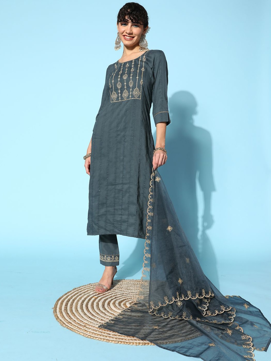 

Sangria floral Embroidered Zari Sequence Stright Kurta Set With Trouser & Dupatta, Grey