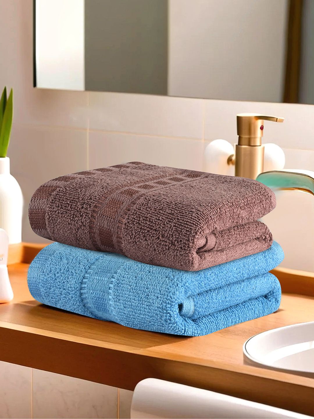

Kuber Industries Brown & Blue 2 Pieces Cotton Highly Absorbent 225 GSM Face Towels