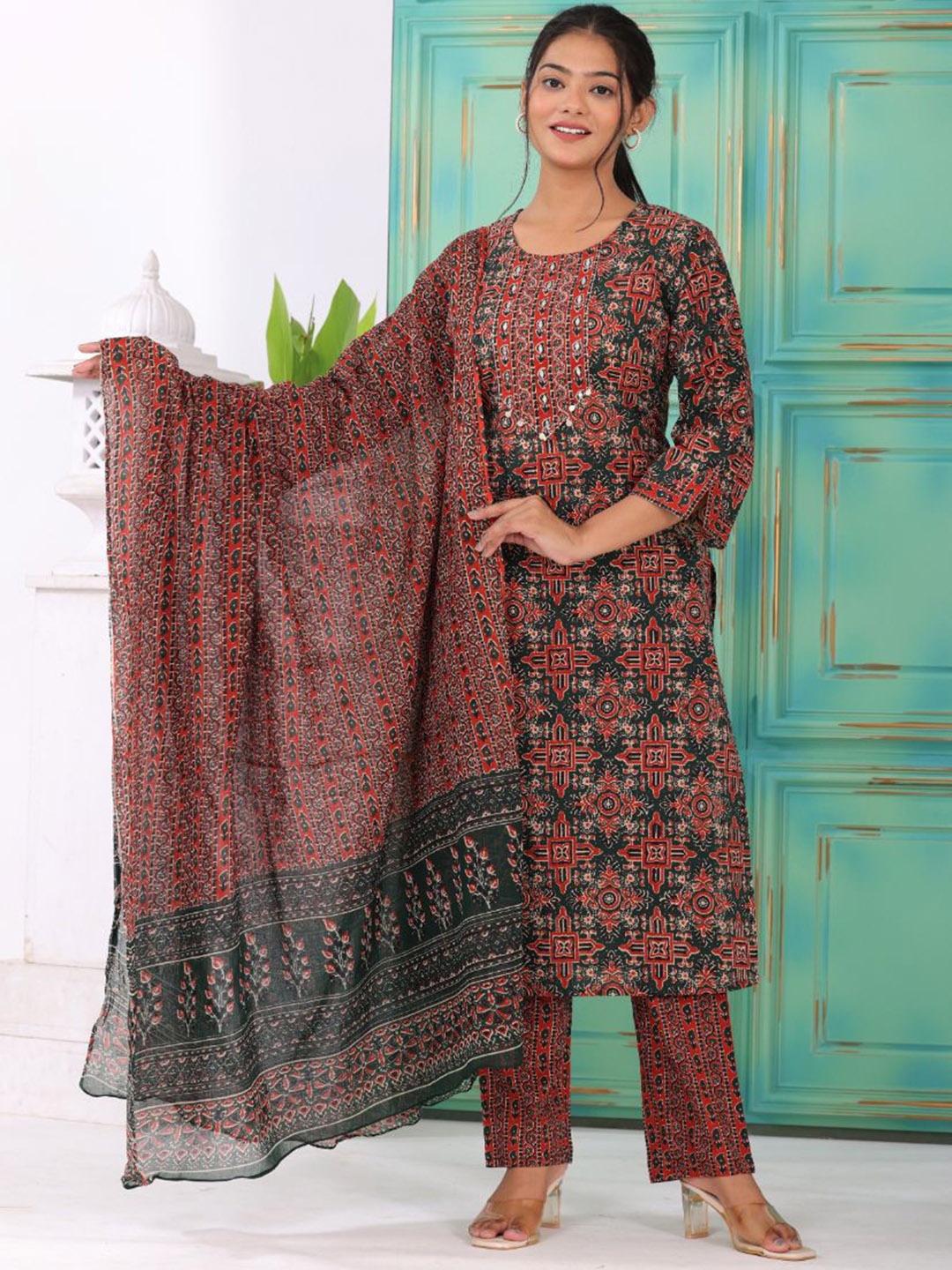 

KALINI Floral Printed Sequinned Pure Cotton Straight Kurta With Trousers & Dupatta, Green