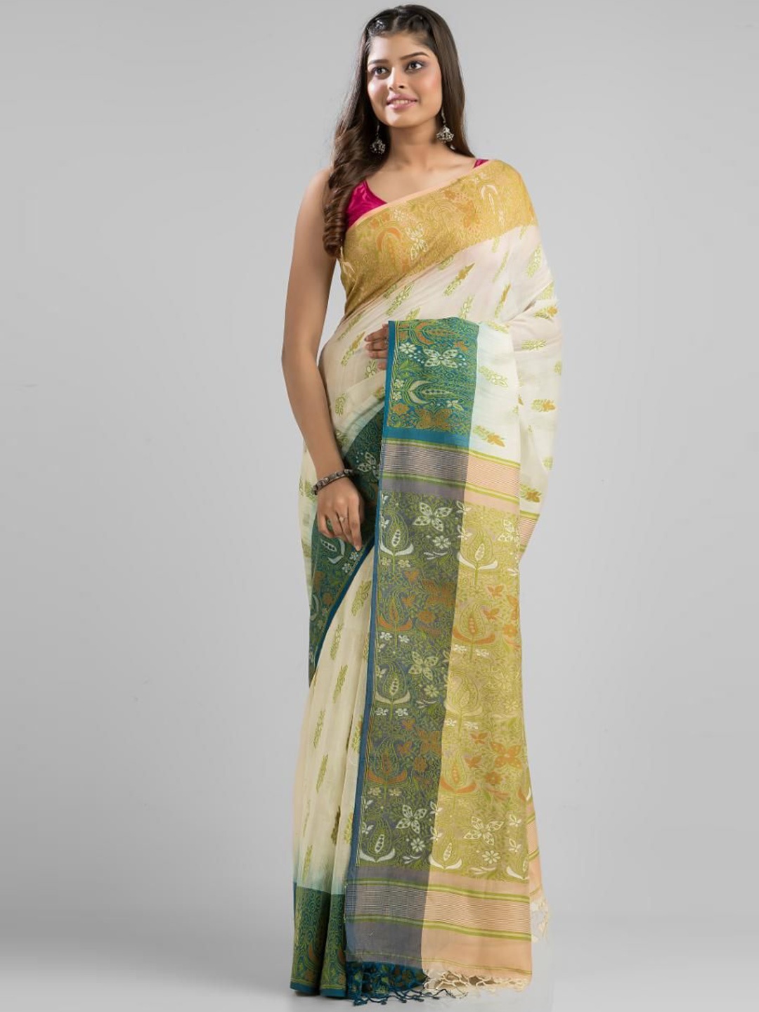

SAJASAJO Ethnic Motifs Zari Pure Silk Saree, Off white