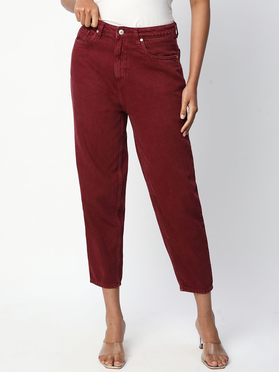 

R&B Women Comfort Relaxed Fit Cropped Denim Jeans, Maroon