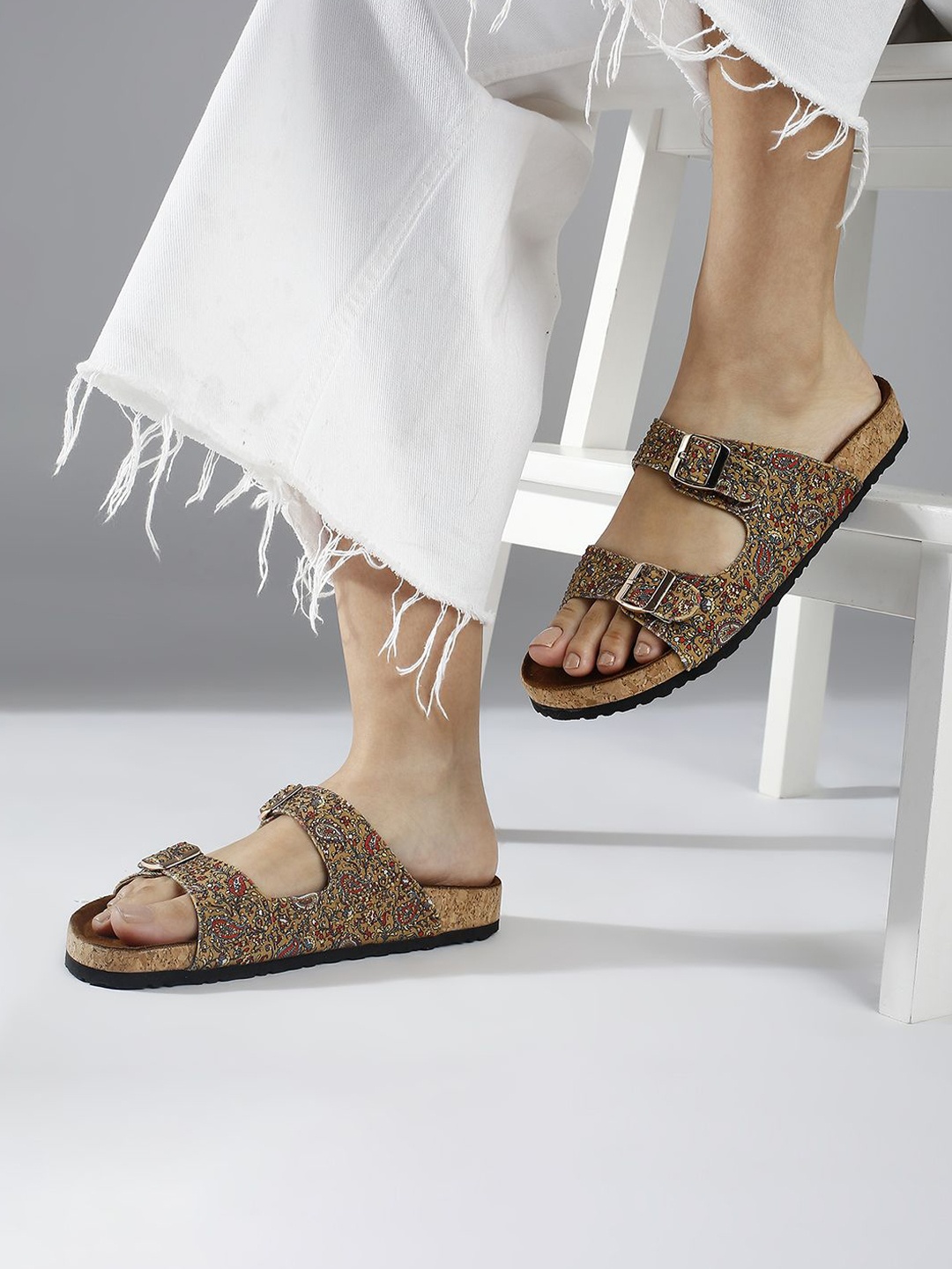 

Inc 5 Women Printed Open Toe Flats With Buckle Detail, Tan