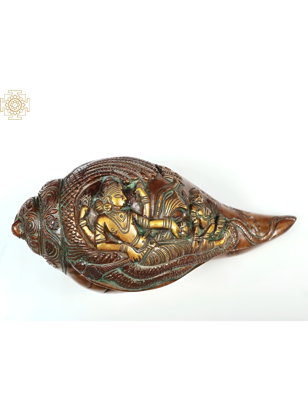 

Exotic India 8" Lord Vishnu with Goddess Lakshmi Designer Conch in Brass, Gold