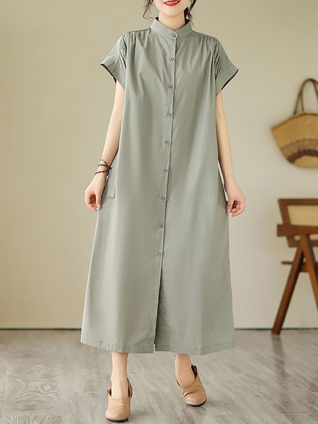 

JC Mode Solid Band Collar Shirt Midi Dress, Green