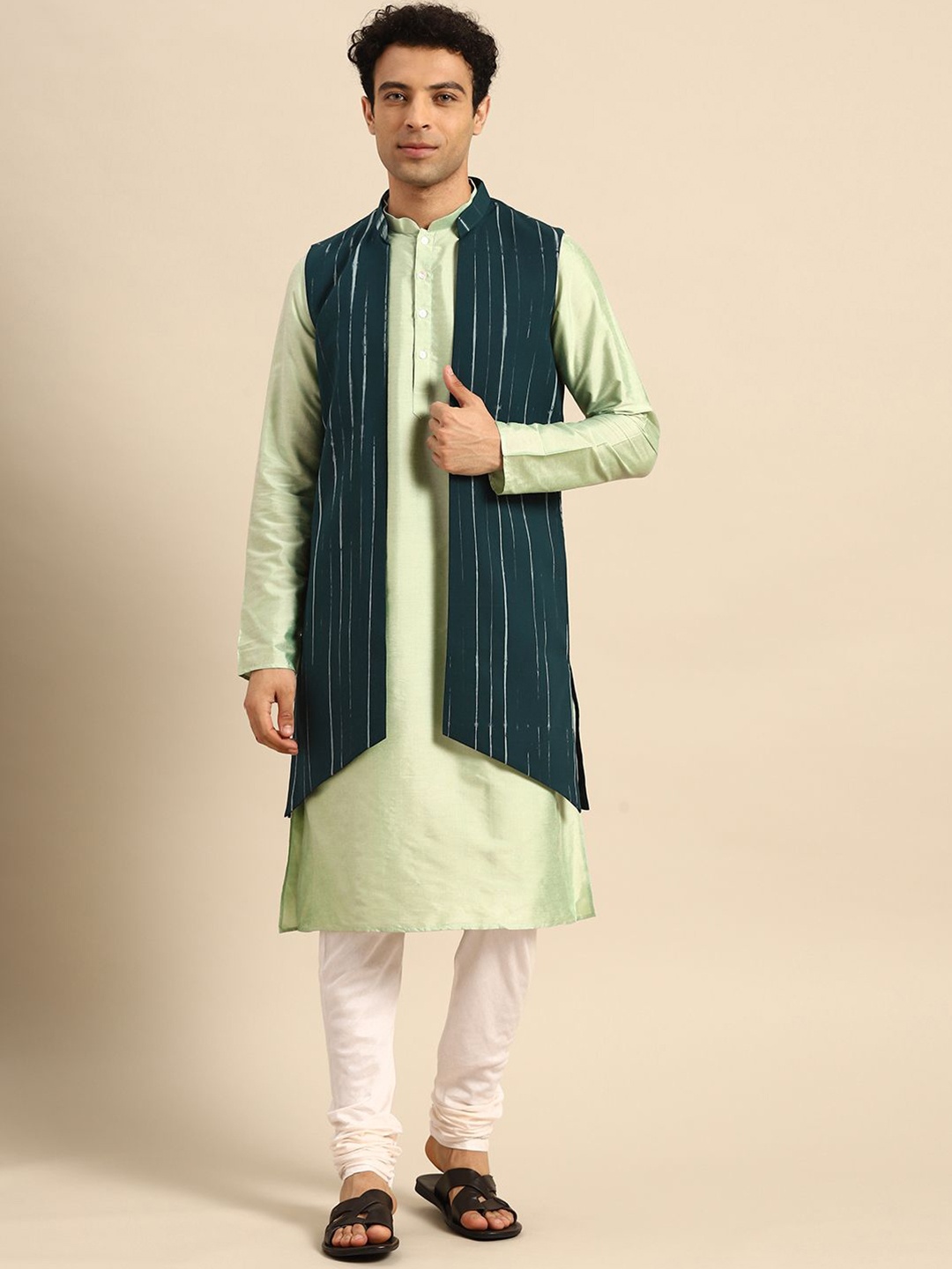 

Anouk Green & White Striped Mandarin Collar Kurta with Churidar & Nehru jacket