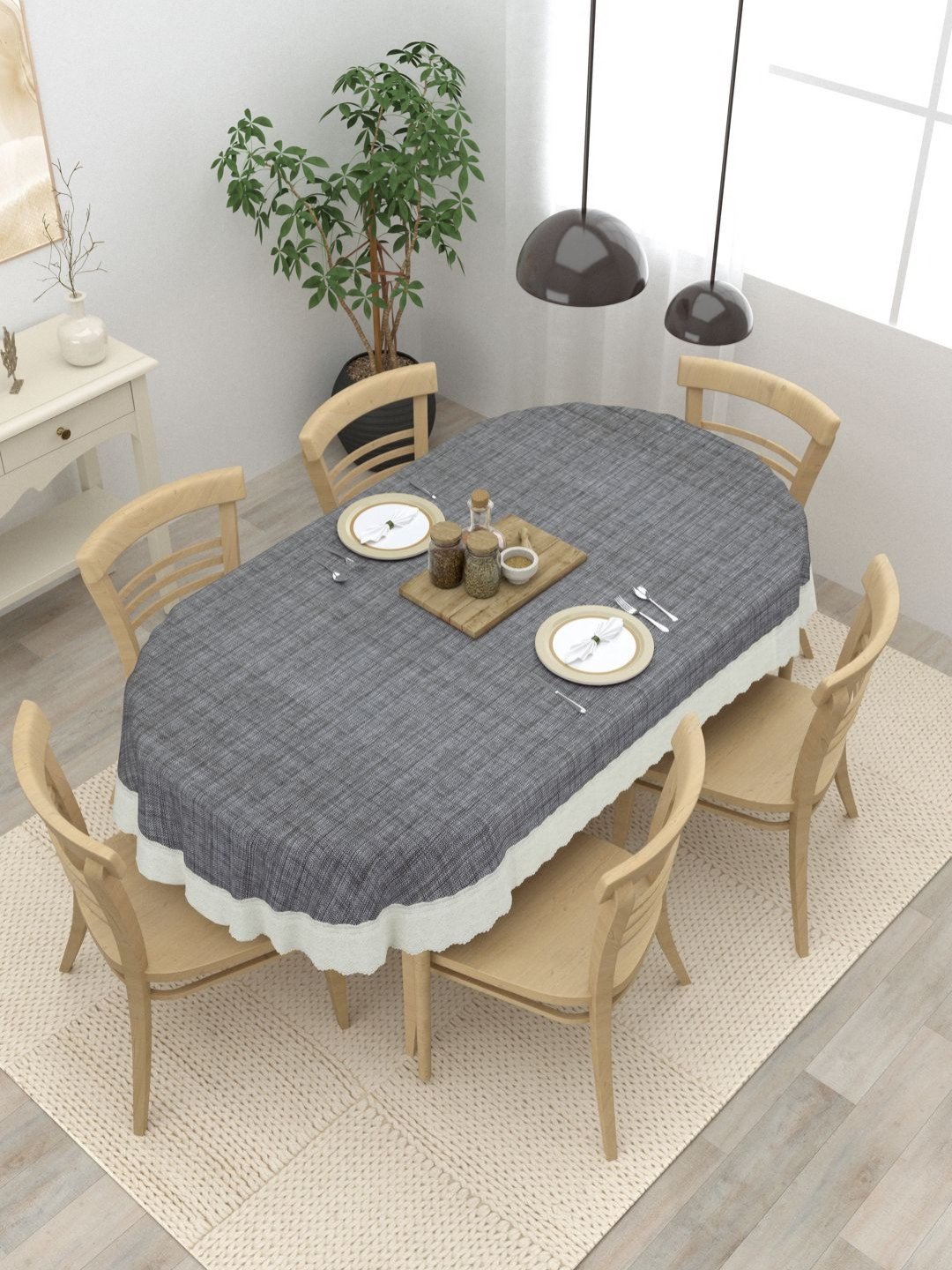 

Clasiko Grey & White Geometric Printed Anti Slip Oval 6 Seater Table Cover