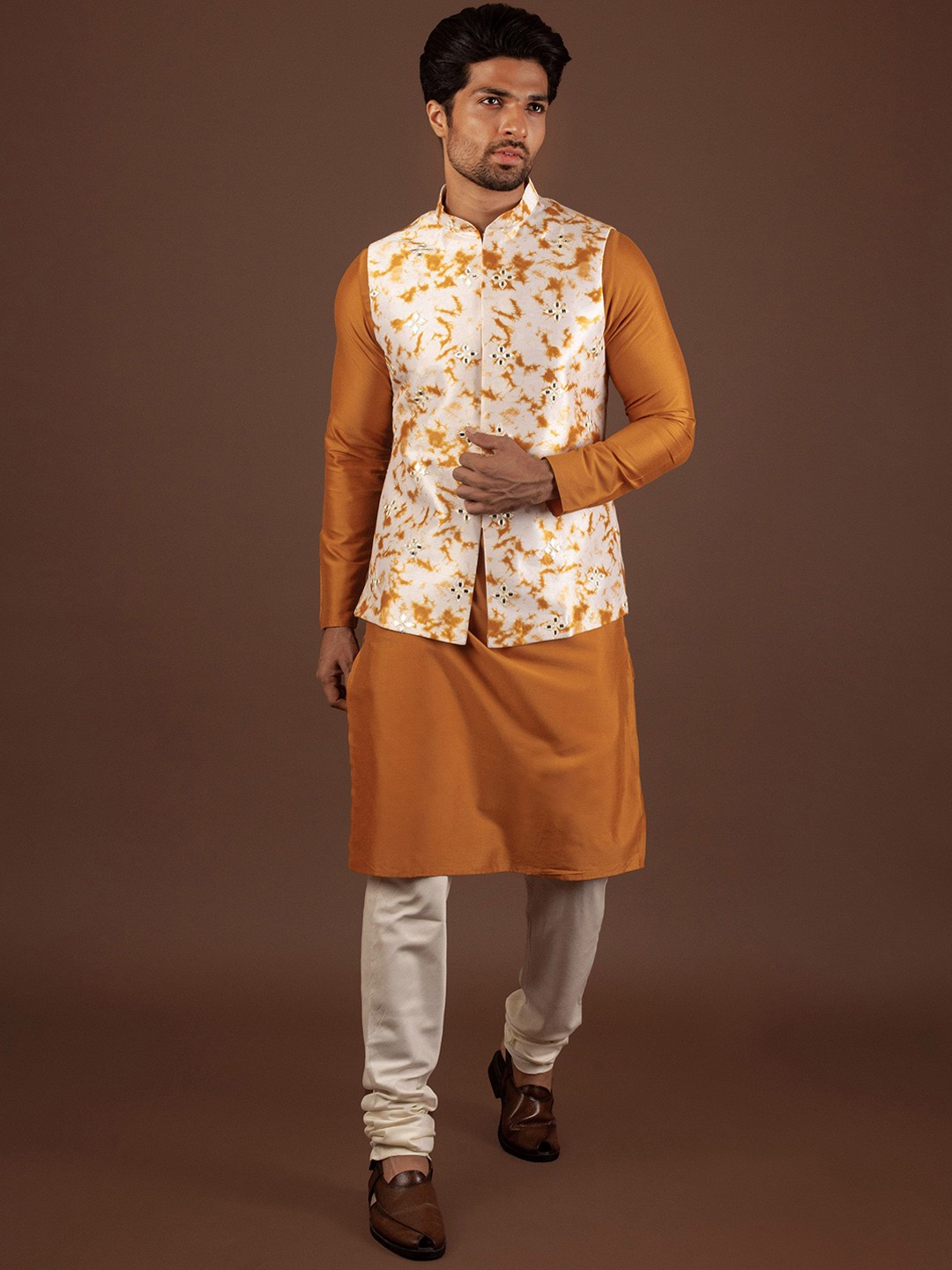

Anouk Yellow Mandarin Collar Straight Kurta with Churidar & Printed Nehru jacket