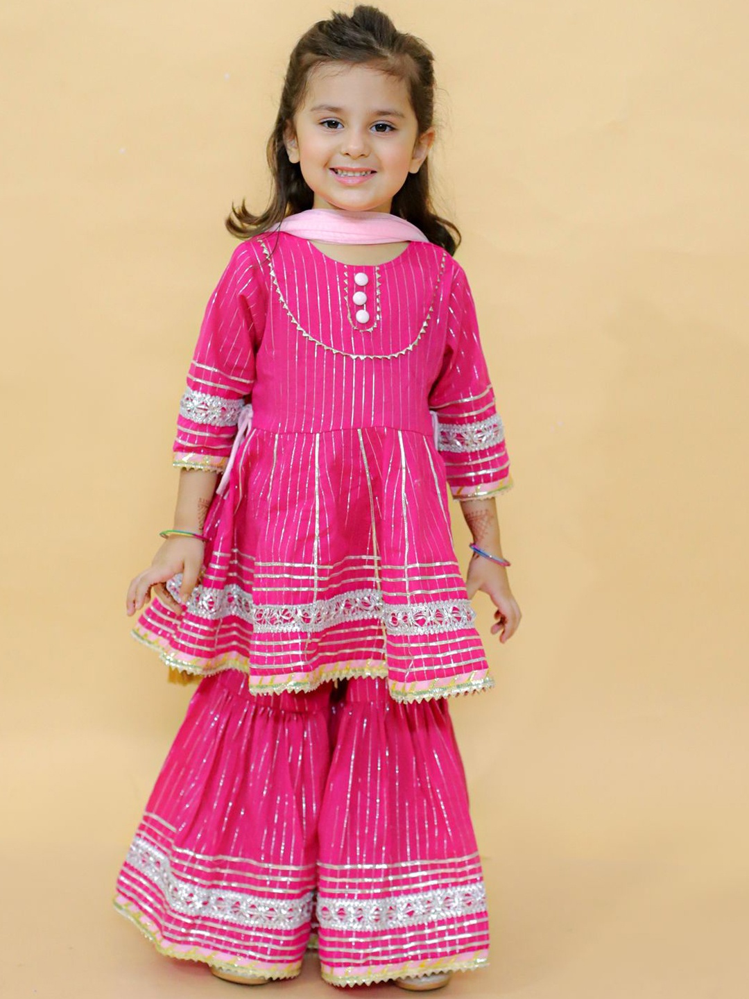 

LITTLE GINNIE Girls Ethnic Motifs Gotta Patti Pure Cotton Kurti with Sharara & Dupatta, Pink