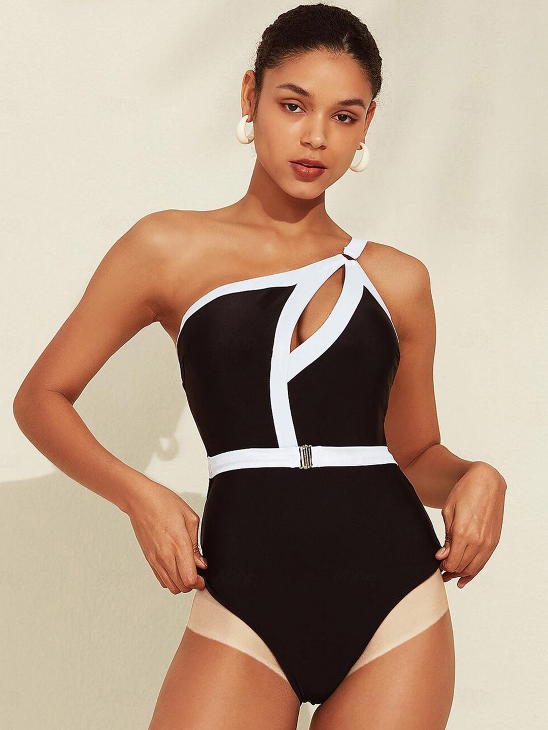 

VAGHBHATT Women One Shoulder Backless Bodysuit Swimwear, Black