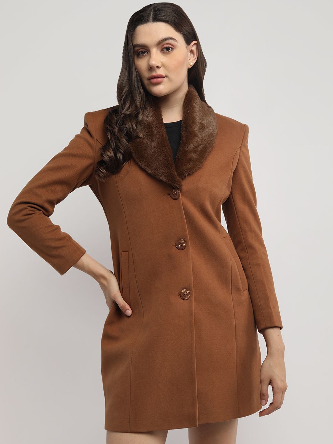 

PROTEX Women Solid Single Breasted Winter Woollen Overcoat, Tan