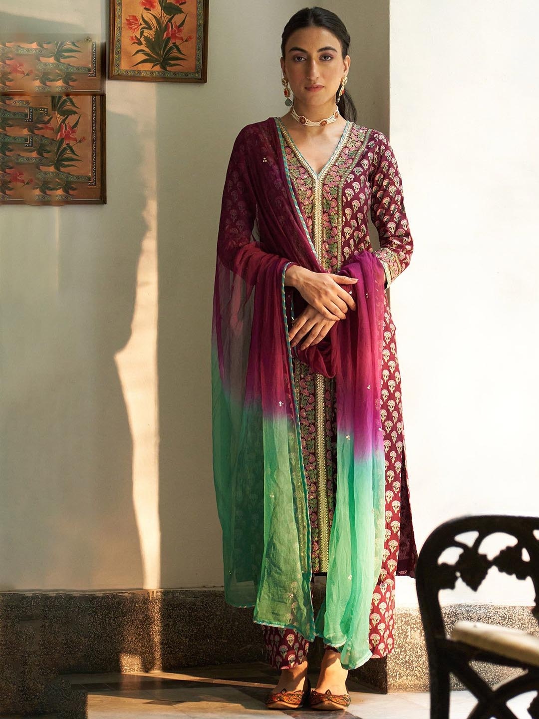 

Anni Designer Floral Printed Gotta Patti Straight Kurta With Trouser & Dupatta, Maroon