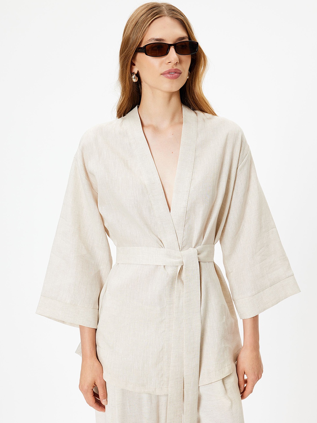 

Koton Linen Wrap Longline Top, Beige