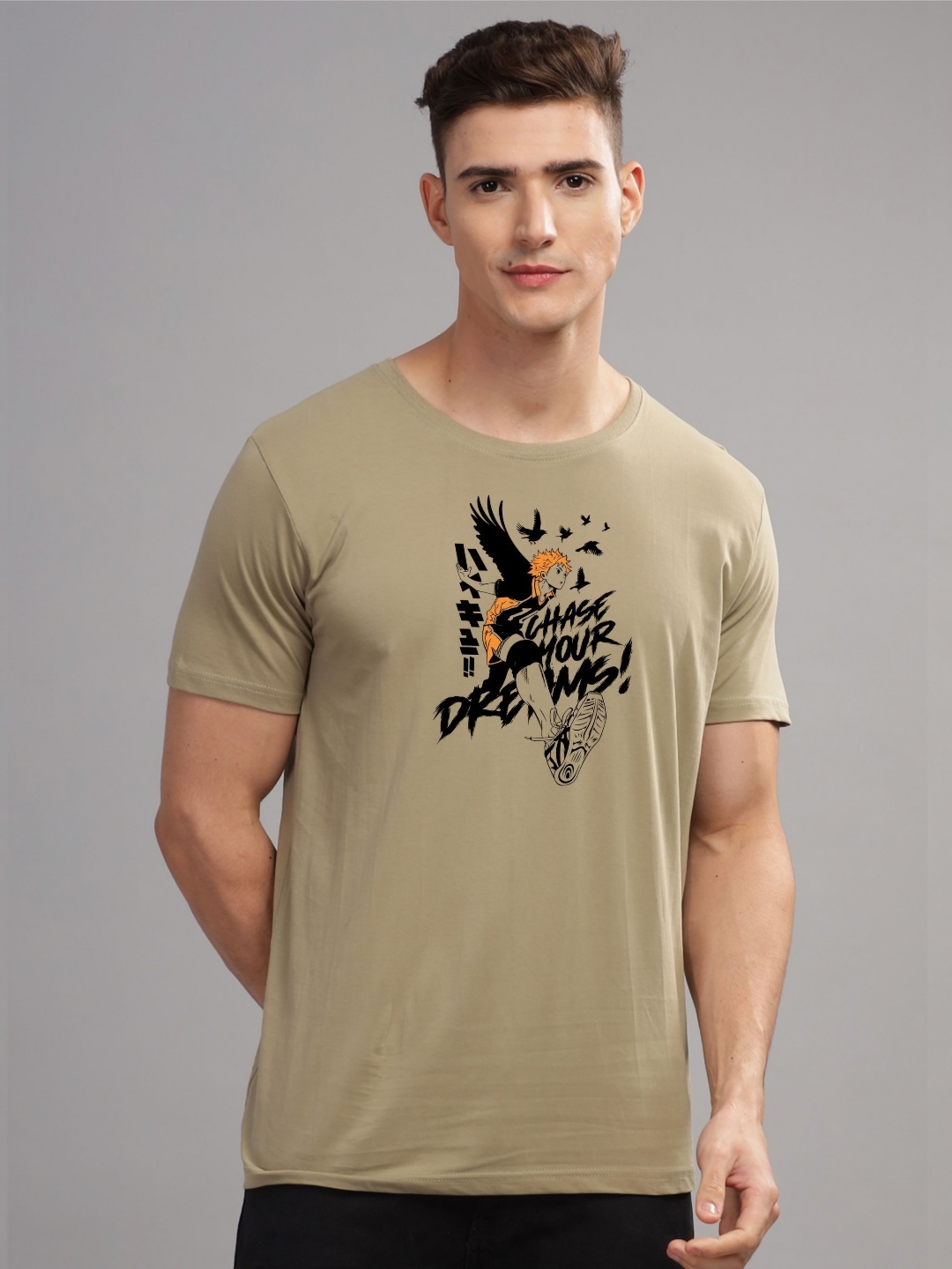 

ADRO Men Typography Printed Applique T-shirt, Beige