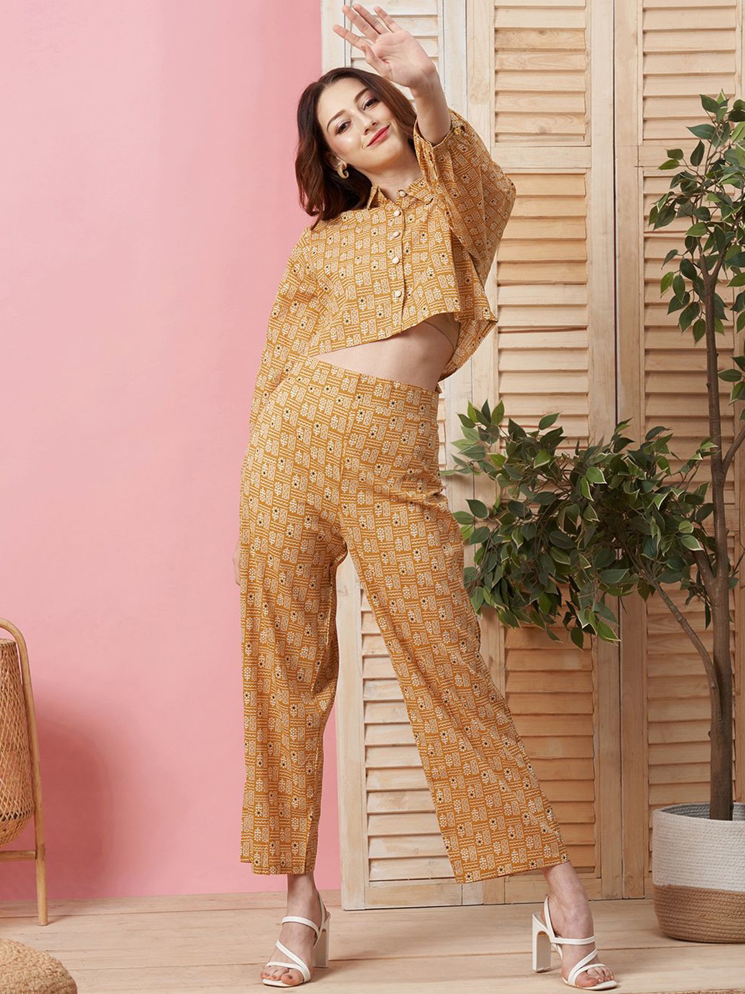 

KALINI Floral Printed Cotton Shirt & Trousers, Mustard