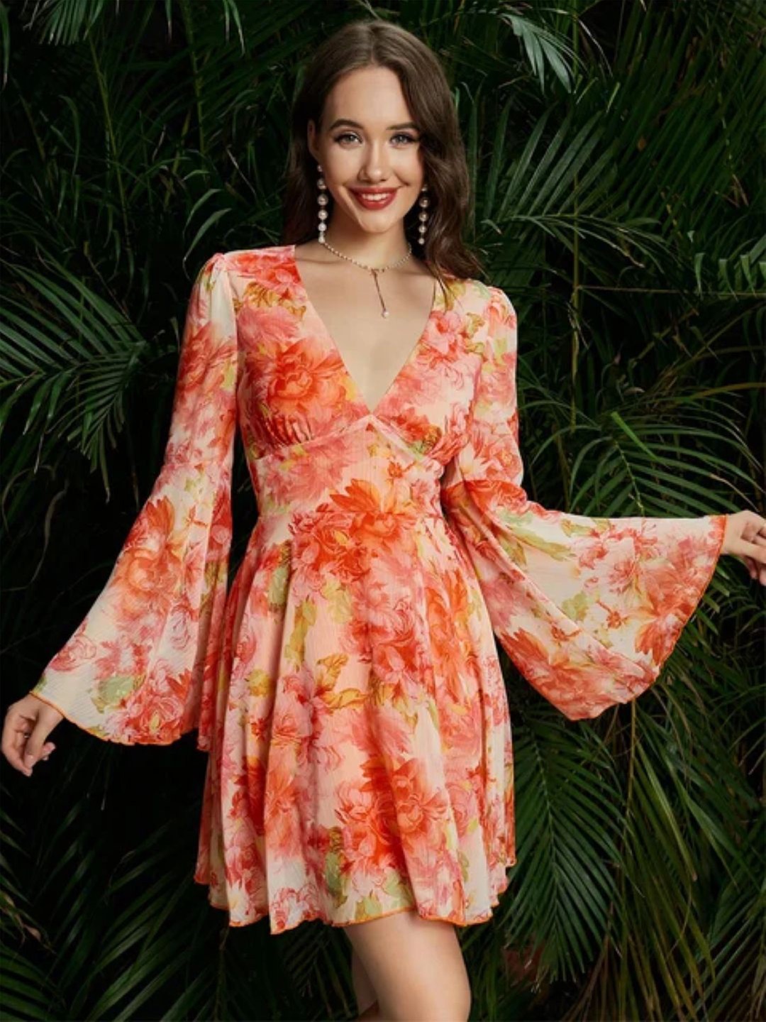 

StyleCast Flared Sleeve Fit & Flare Mini Floral Dress, Orange