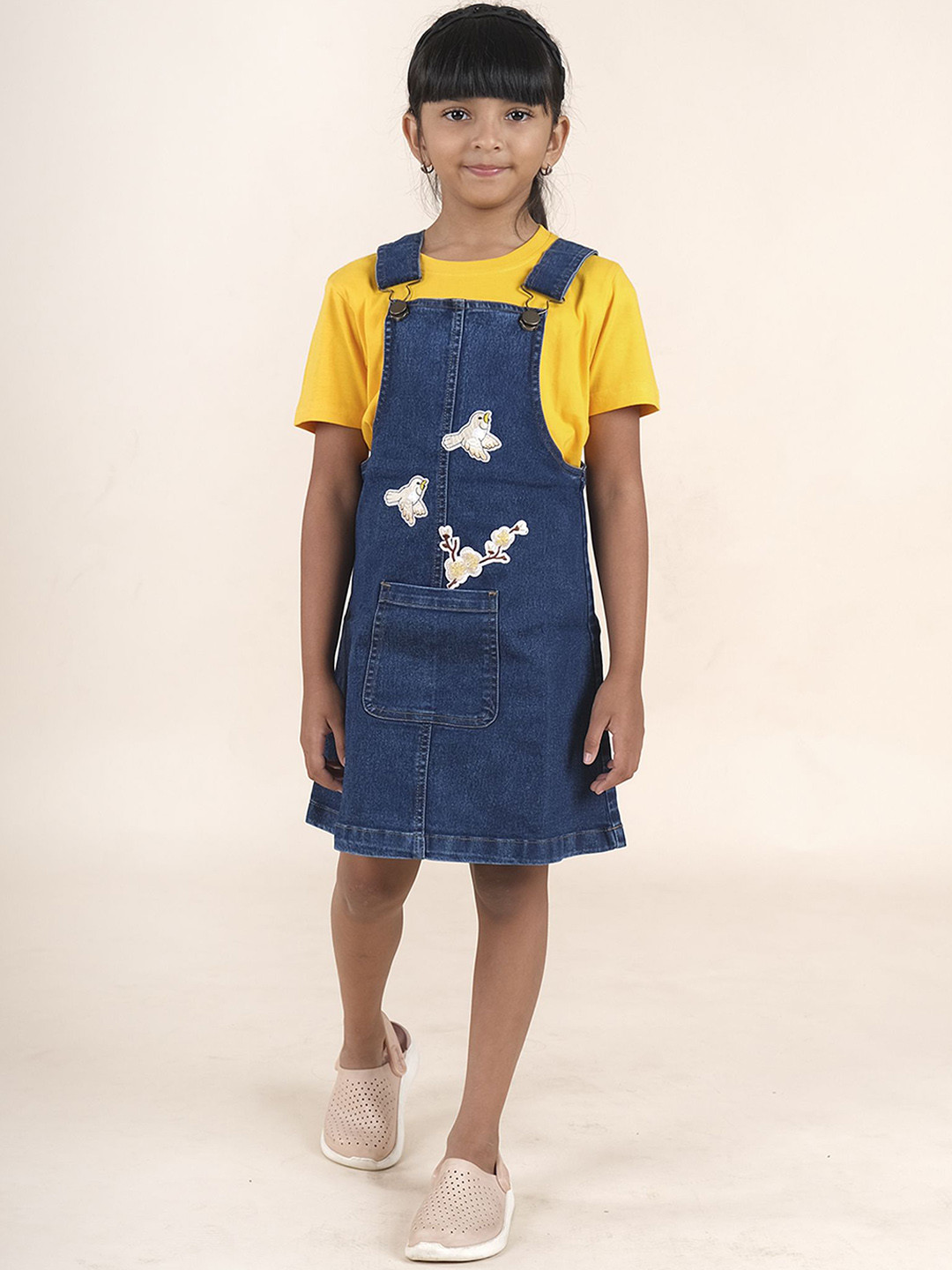 

KiddoPanti Girls Bird Applique Straight-Fit Denim Dungarees, Blue