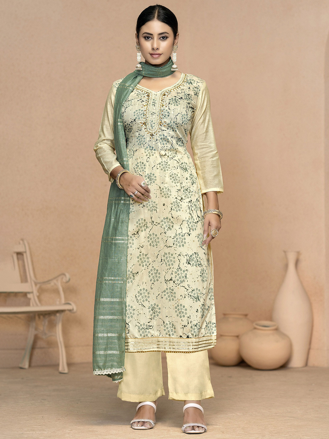 

MANVAA Floral Embellished Beads and Stones Unstitched Dress Material, Cream