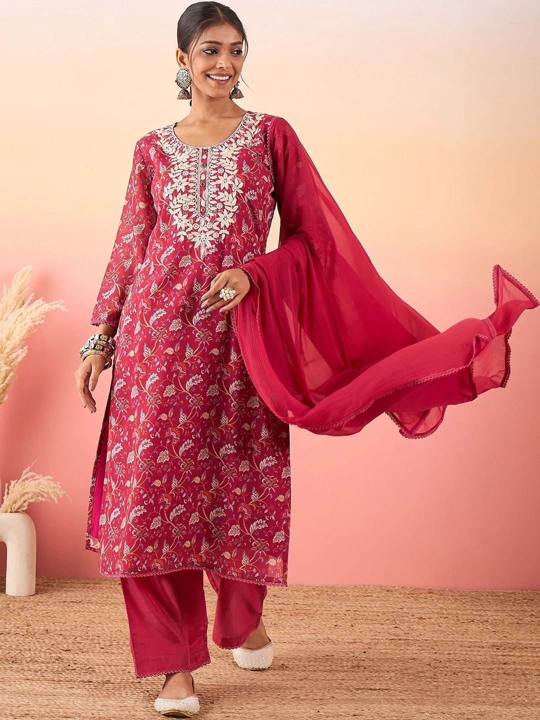 

Madhuni Floral Printed Thread Work Straight Kurta With Palazzos & Dupatta, Maroon