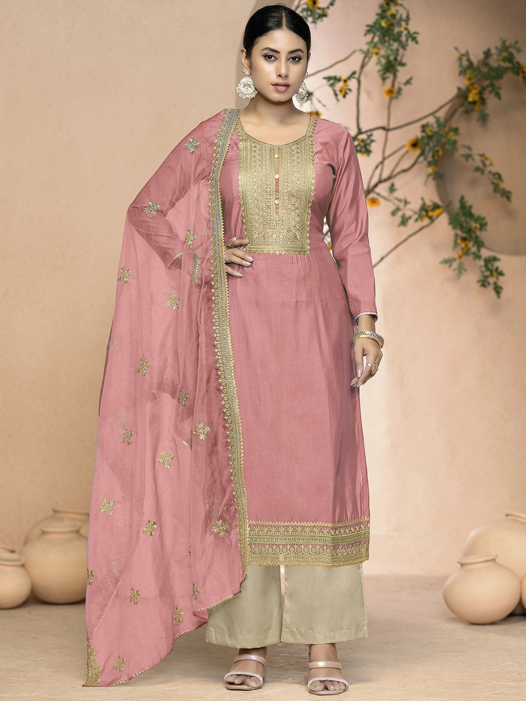 

MANVAA Floral Embroidered Zari Unstitched Dress Material, Peach