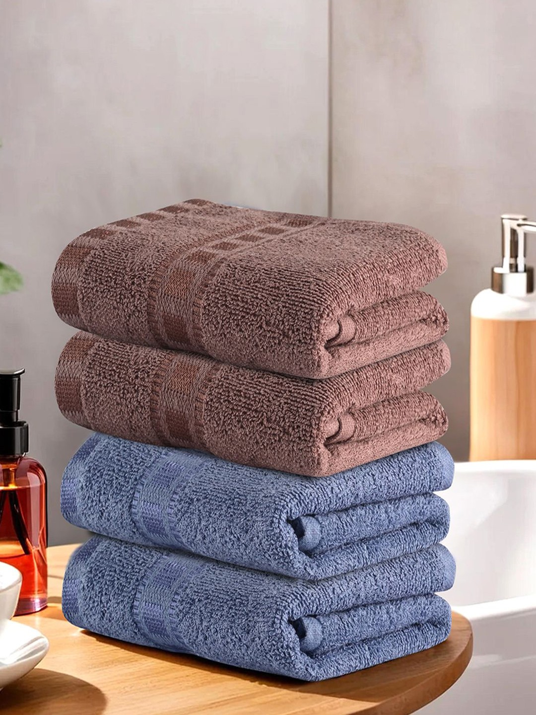 

Kuber Industries Coffee Brown & Blue 4 Pcs Cotton Highly Absorbent 225 GSM Face Towel